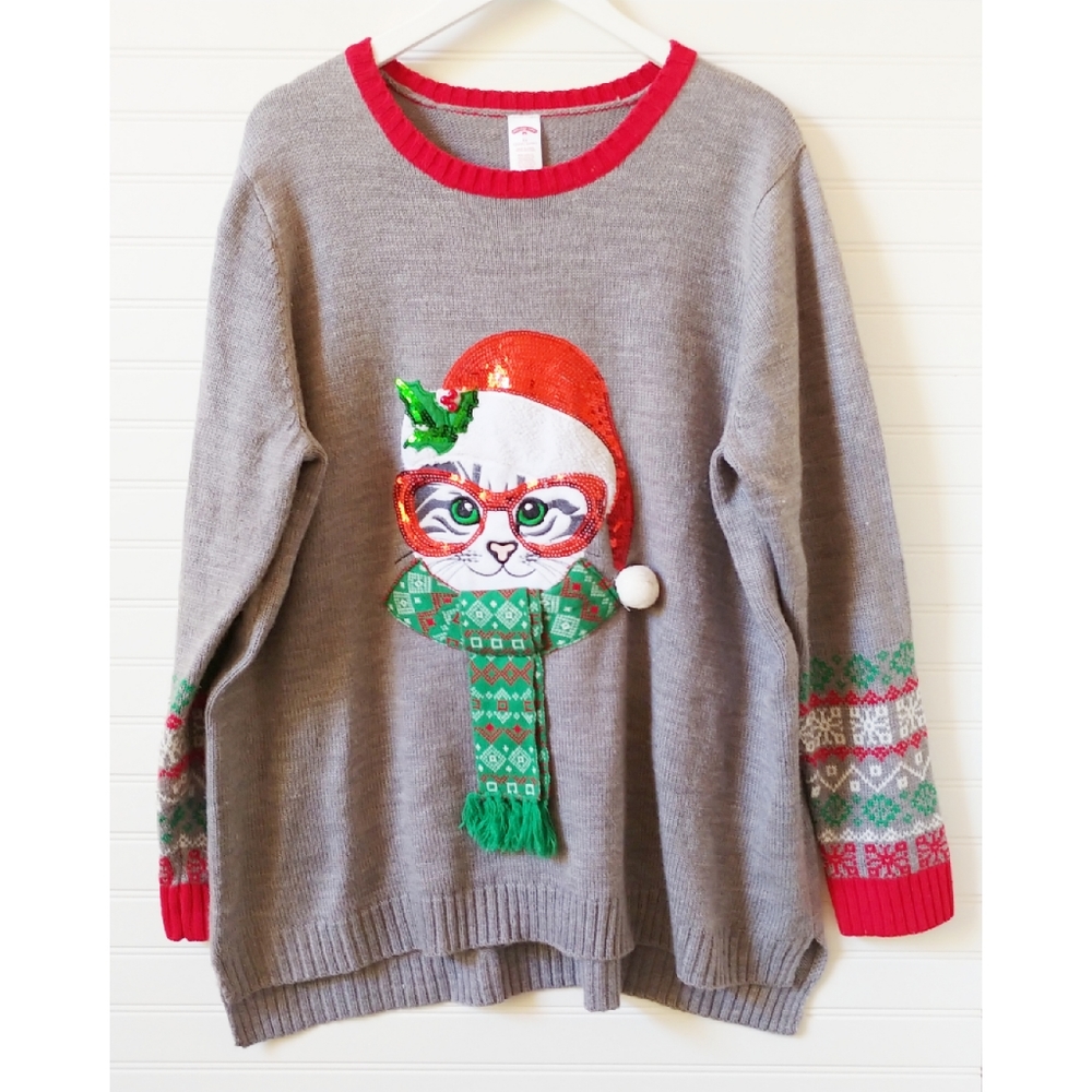 Holiday Time Christmas Sequin Cat Sweater EUC